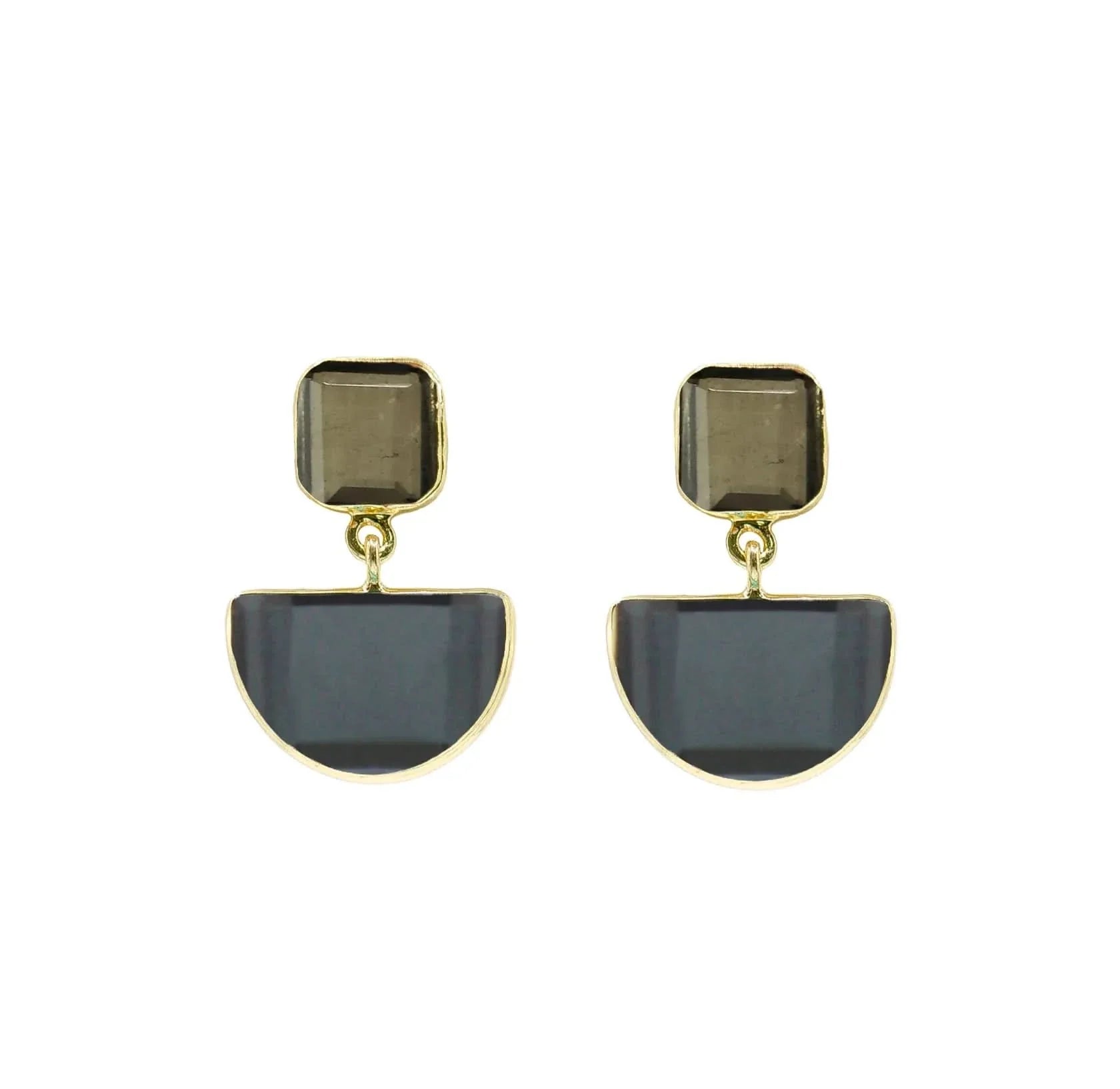 18K YG Plated Square Stone Top & 1/2 Round Moonstone Drop Earrings - Susan Blake Jewelry