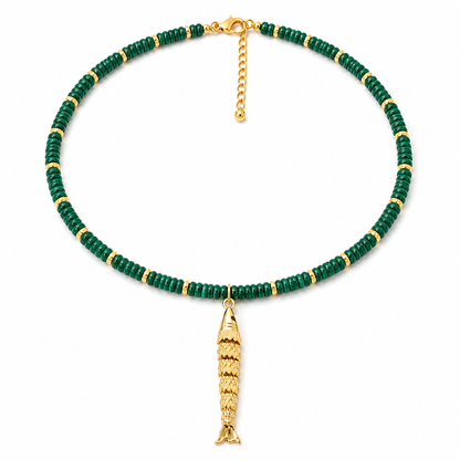 Gemstone Rondelle Necklace with Moving Sardine Charm