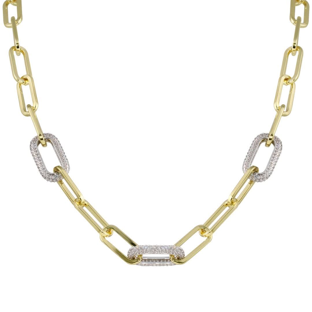 3 Cz Pave Link Paperclip Necklace