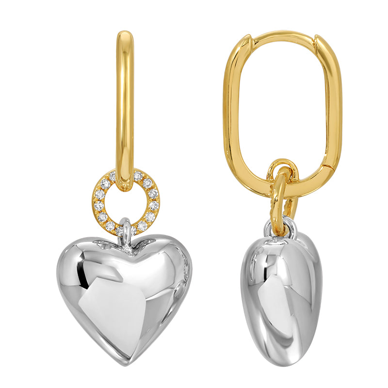14K two-tone gold heart drop diamond huggie earrings by Susan Blake Jewel