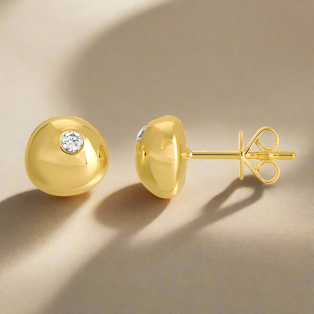 14K gold diamond puffed stud earrings with bezel detail by Susan Blake Jewelry