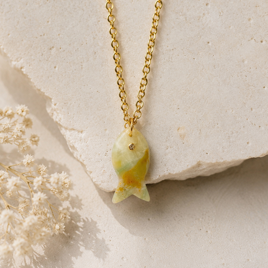 Natural Stone Fish Charm Necklace – hand-carved stone fish pendant on gold filled rolo chain
