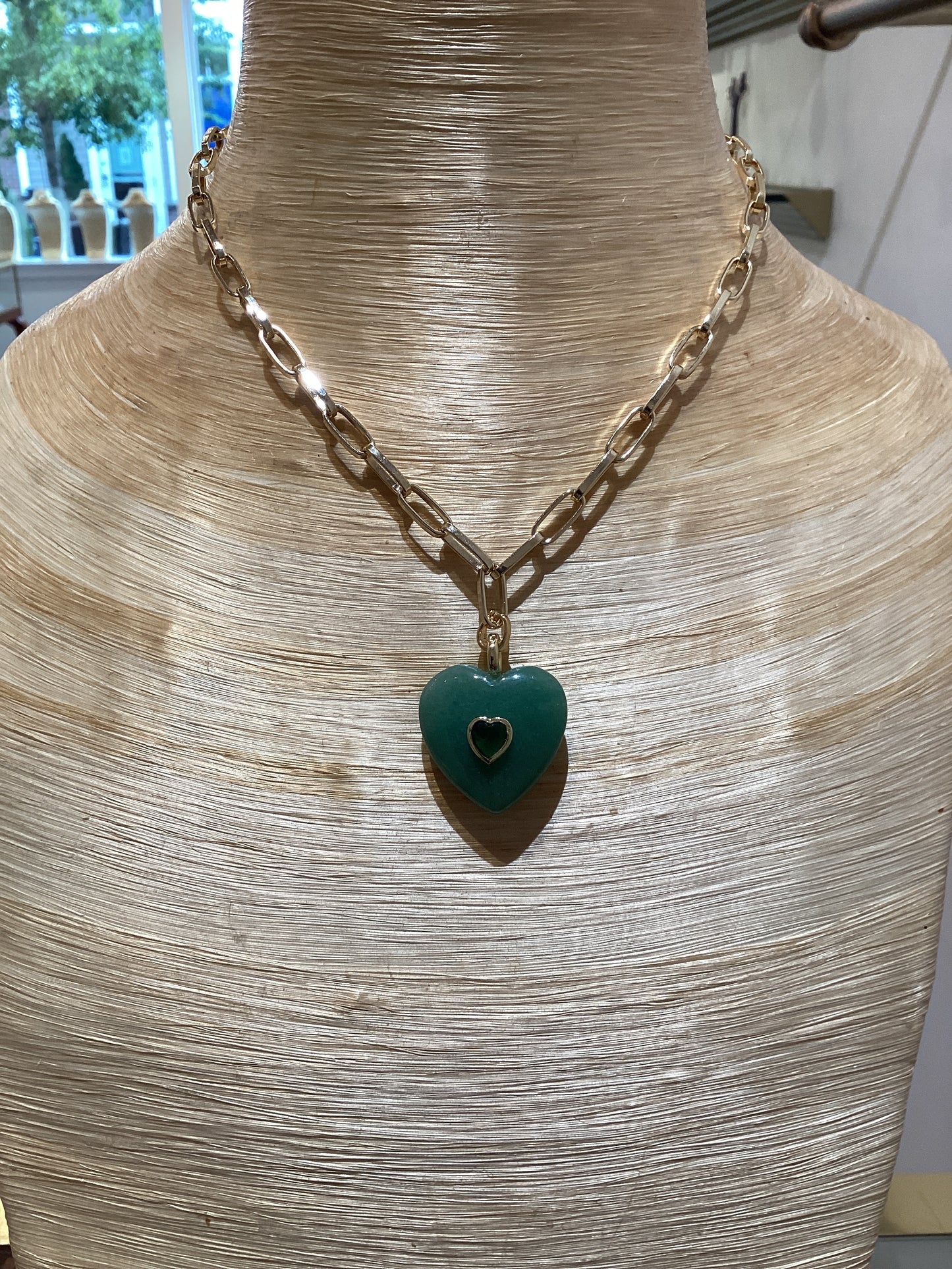 Paperclip Necklace With Enhancer and Natural Green Stone Heart