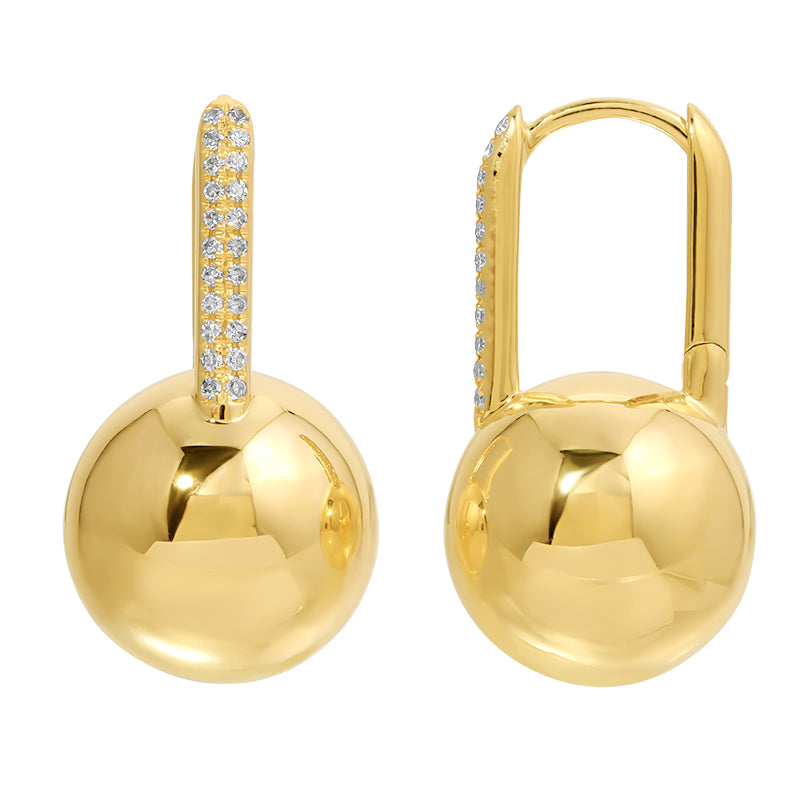 14K gold puffed ball drop huggie earrings with diamond detail by Susan Blake Jewelry