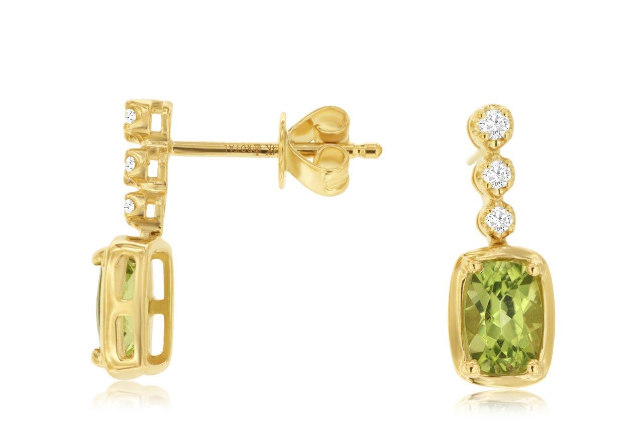 Peridot & Diamond Earrings, 1 CT Peridot, 0.10 CT Diamond, 14K Yellow Gold