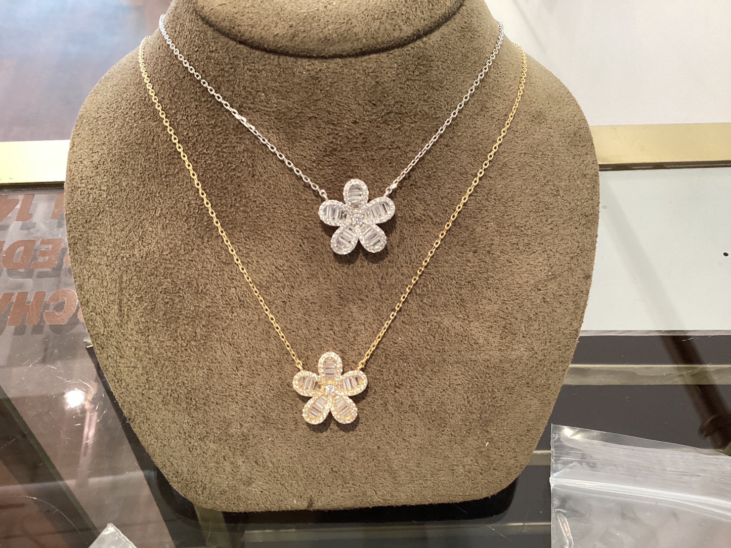 Large Cz Baguette Flower With Cz Outline Necklace
