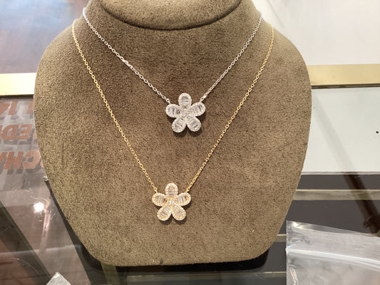 Large Cz Baguette Flower With Cz Outline Necklace