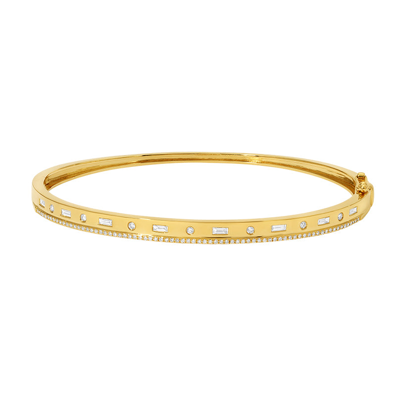 14K Inlay Dia Baguettes Alt Round Diamonds With 1 Dia Edge Bangle