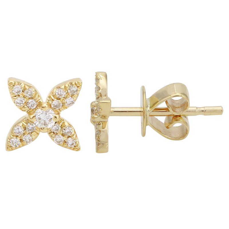 14K Yellow Gold Flower Diamond Stud Earrings