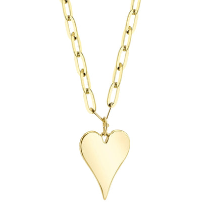 14K Yellow Gold Diamond Pave Heart Paper Clip Link Necklace