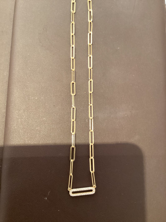 Paperclip necklace with open pave rectangle