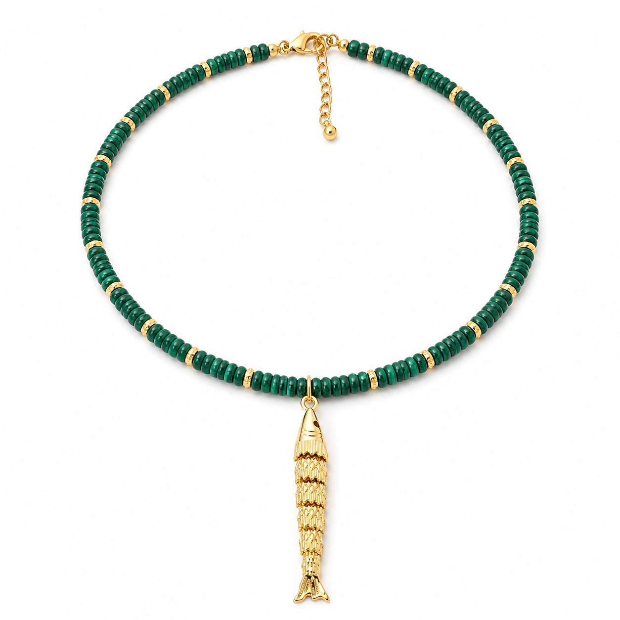 Gemstone Rondelle Necklace with Moving Sardine Charm