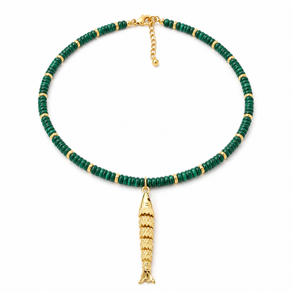 Gemstone Rondelle Necklace with Moving Sardine Charm