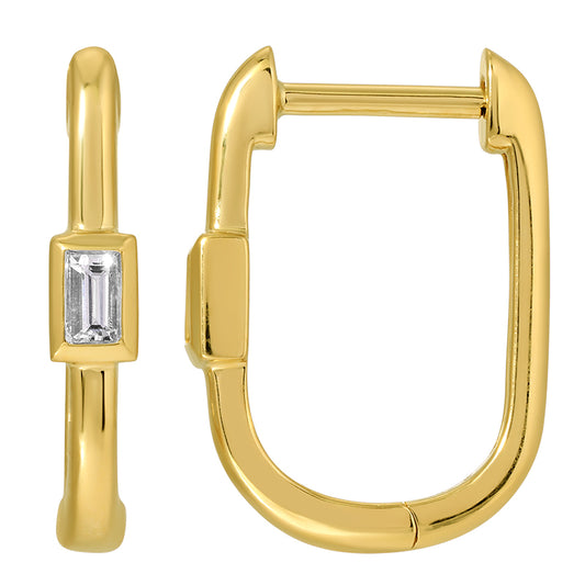14k Yellow Gold Baguette Diamond Rectangle Huggie Earrings