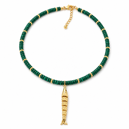Gemstone Rondelle Necklace with Moving Sardine Charm
