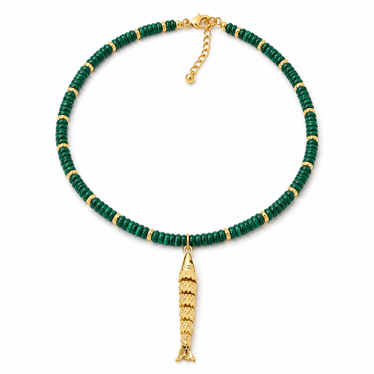 Gemstone Rondelle Necklace with Moving Sardine Charm