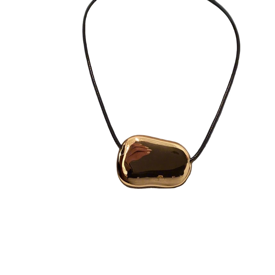 Gold Pebble Pendant on Adjustable Black Leather Cord
