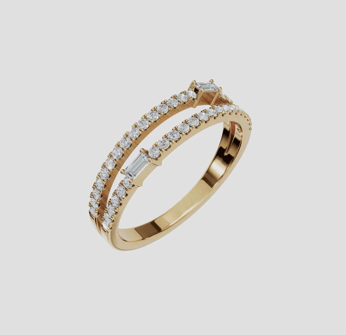 14k Gold Double Row Round & Baguette Lab Diamond Statement Ring (0.31ctw)