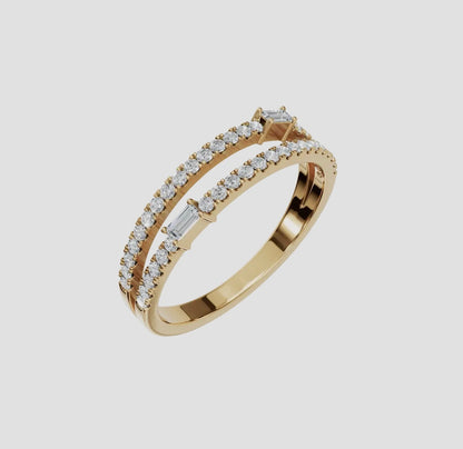 14k Gold Double Row Round & Baguette Lab Diamond Statement Ring (0.31ctw)