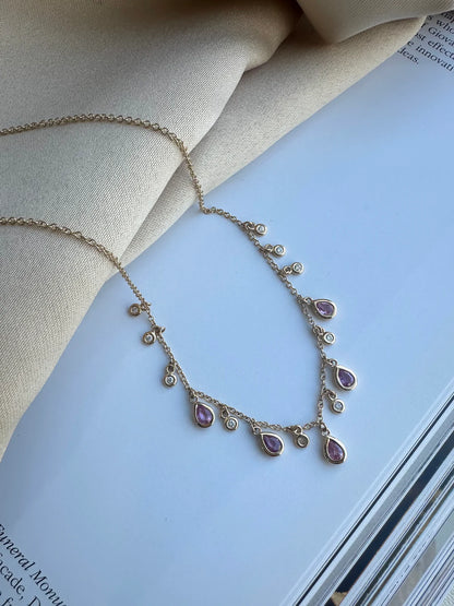 14K Yellow Gold Pink Sapphire & Diamond Drop Necklace
