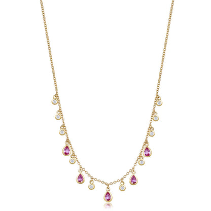 14K Yellow Gold Pink Sapphire & Diamond Drop Necklace