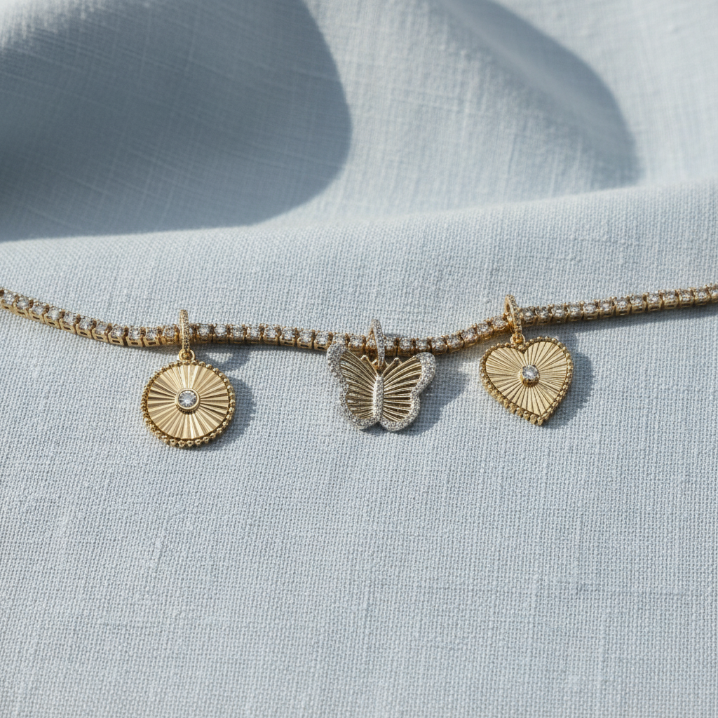 14k Yellow Gold Lines Fluted Disc Diamond Enhancer Charm