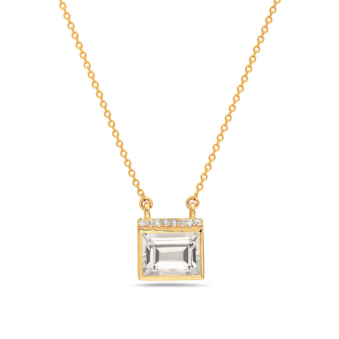 14k Yellow Gold necklace with 8 round diamonds total .04ct; 1 emerald‑cut white quartz 1.95ct