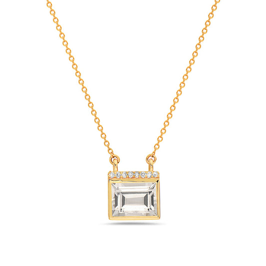 14k Yellow Gold necklace with 8 round diamonds total .04ct; 1 emerald‑cut white quartz 1.95ct