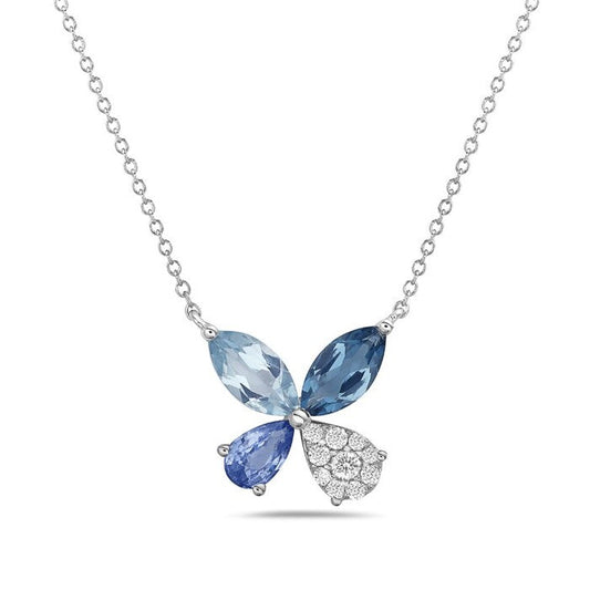 14k White Gold necklace with 10 round diamonds .07ct; 2 blue topaz .81ct; 1 sapphire .28ct