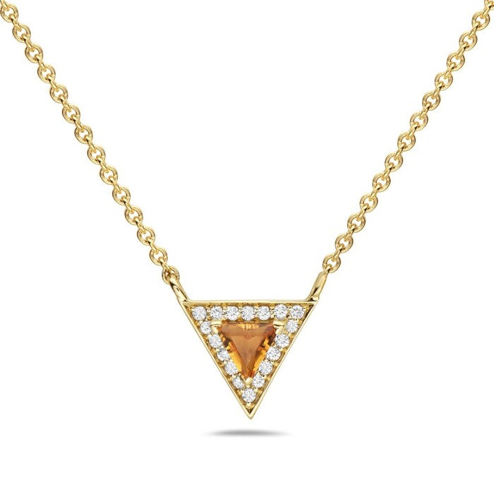 14k Yellow Gold necklace with 18 round diamonds .05ct; 1 trillion‑cut citrine .13ct