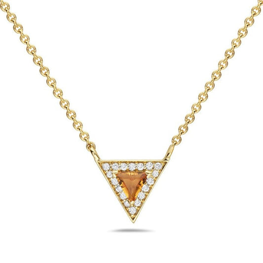 14k Yellow Gold necklace with 18 round diamonds .05ct; 1 trillion‑cut citrine .13ct