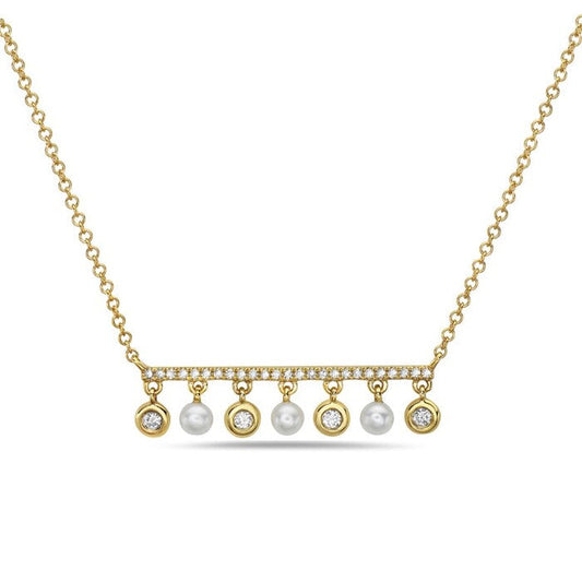 14k Yellow Gold necklace with 29 round diamonds .15ct; 3 freshwater pearls .11ct