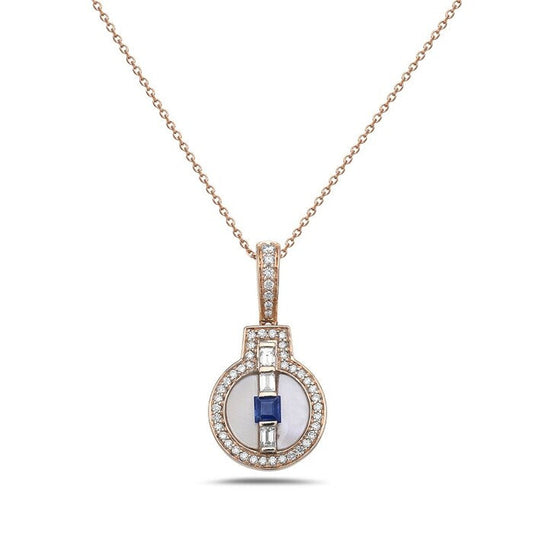 14k Rose Gold pendant with 48 diamonds .29ct; 2 mother of pearl .65ct; 1 sapphire .19ct