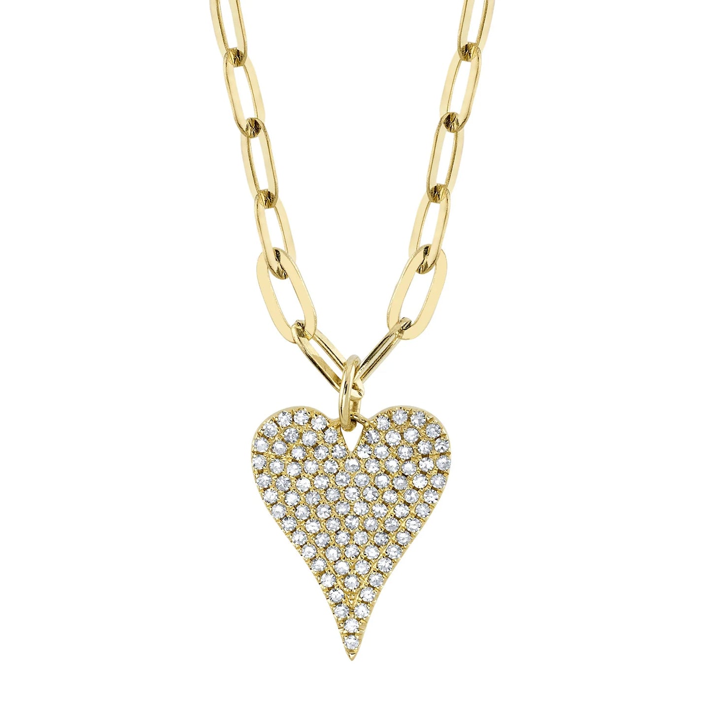 14K Yellow Gold Diamond Pave Heart Paper Clip Link Necklace