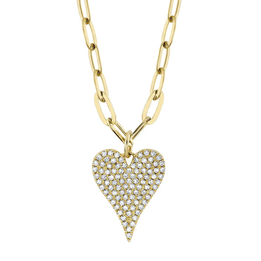 14K Yellow Gold Diamond Pave Heart Paper Clip Link Necklace