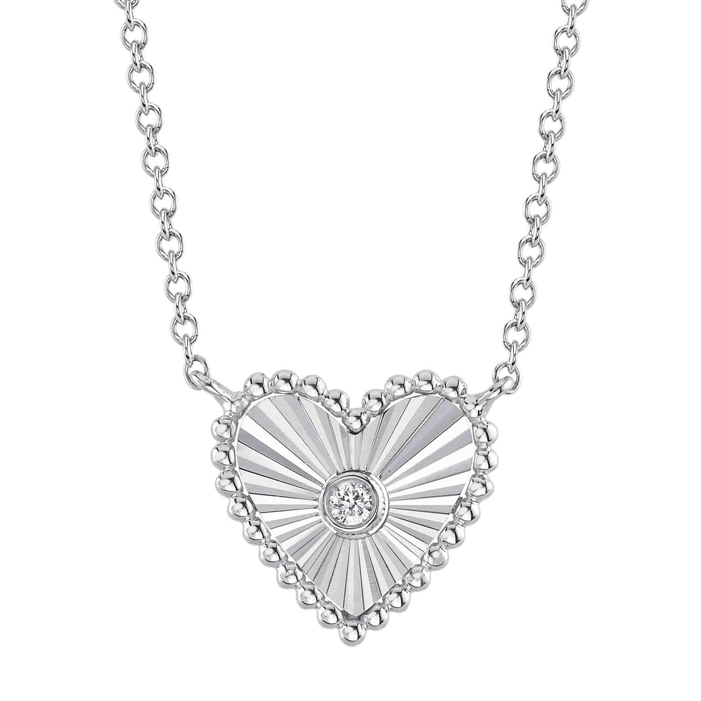 14K White Gold Diamond Bezel Ribbed Heart Necklace