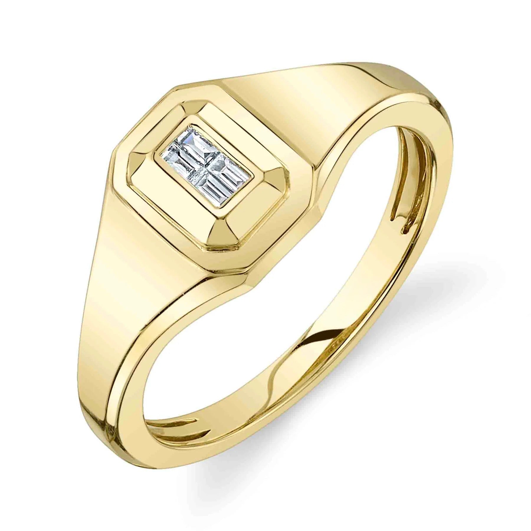 14k Yellow Gold Geo Cut Signet Ring with Inlay Set Baguette Diamond