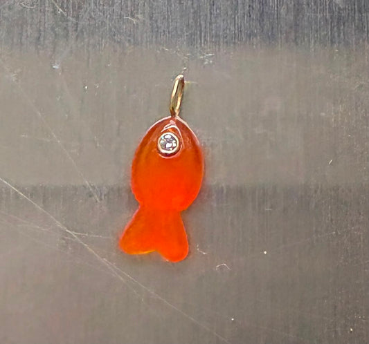Mini red carnelian fish charm in 14K gold with diamond accent