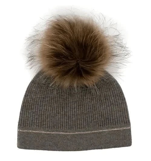 Beanie With Crystal Contrast Line & Fox Fur Pom Pom