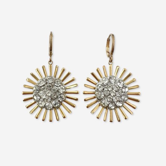 Brass sunburst earrings with clear vintage rhinestone centers