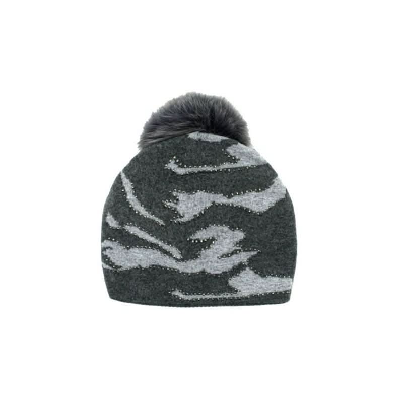 Camo Charcoal and Light Grey Crystal knitted Hat With Fox Pom Pom, (Slouch Fit)