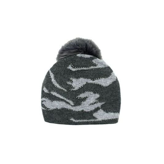 Camo Charcoal and Light Grey Crystal knitted Hat With Fox Pom Pom, (Slouch Fit)