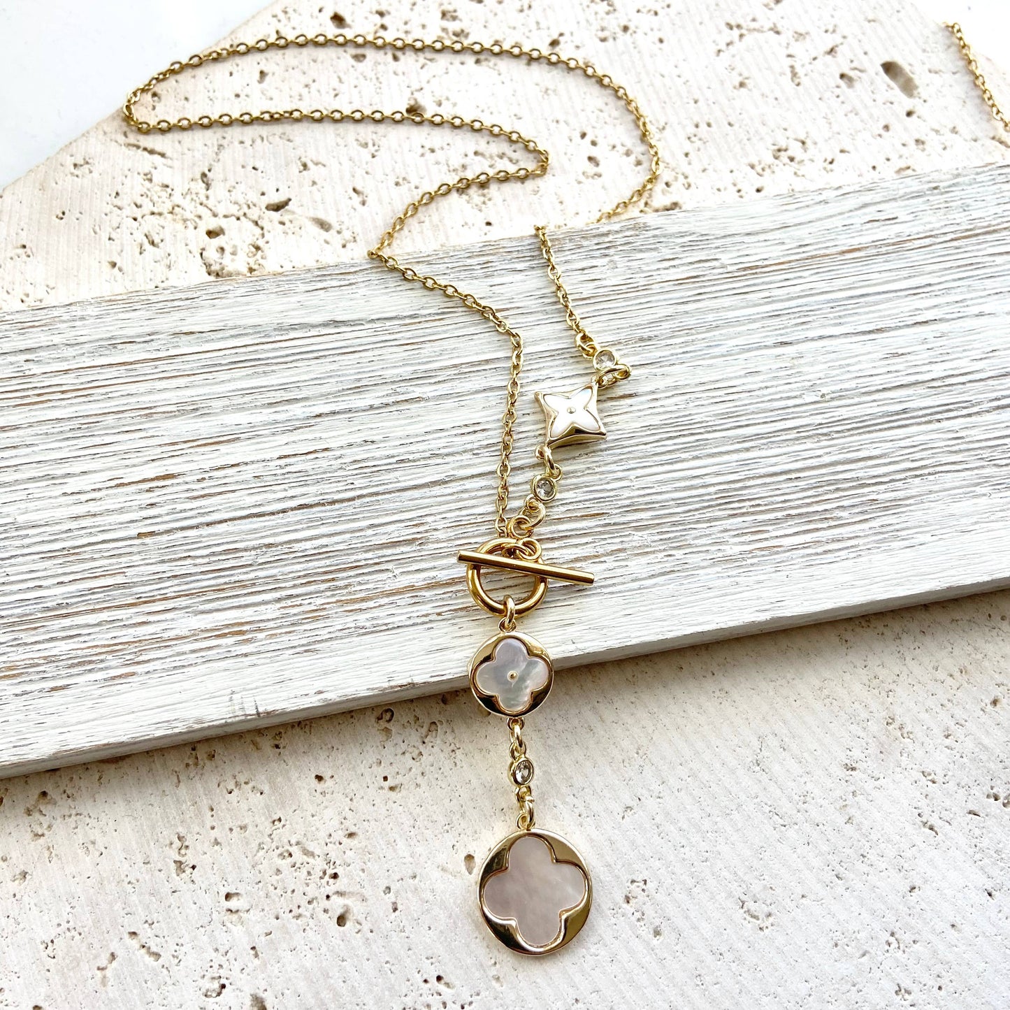 Clover quatrefoil shell pearl toggle lariat necklace, alternate view 2