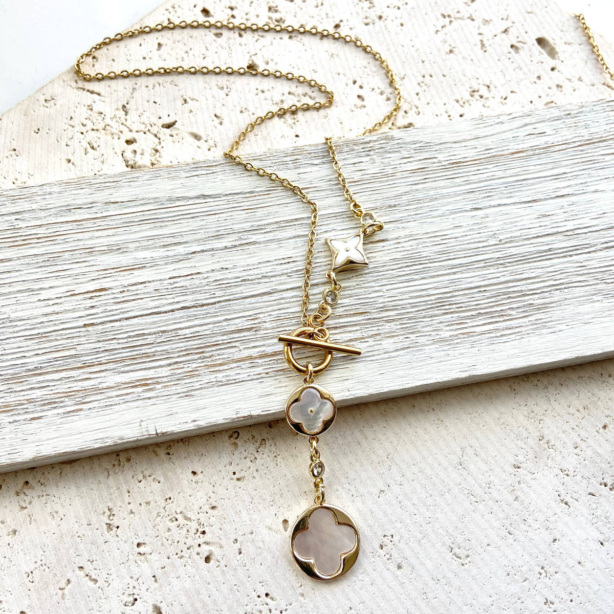 Clover quatrefoil shell pearl toggle lariat necklace, alternate view 2