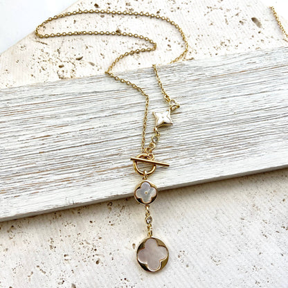 Clover quatrefoil shell pearl toggle lariat necklace, alternate view 2