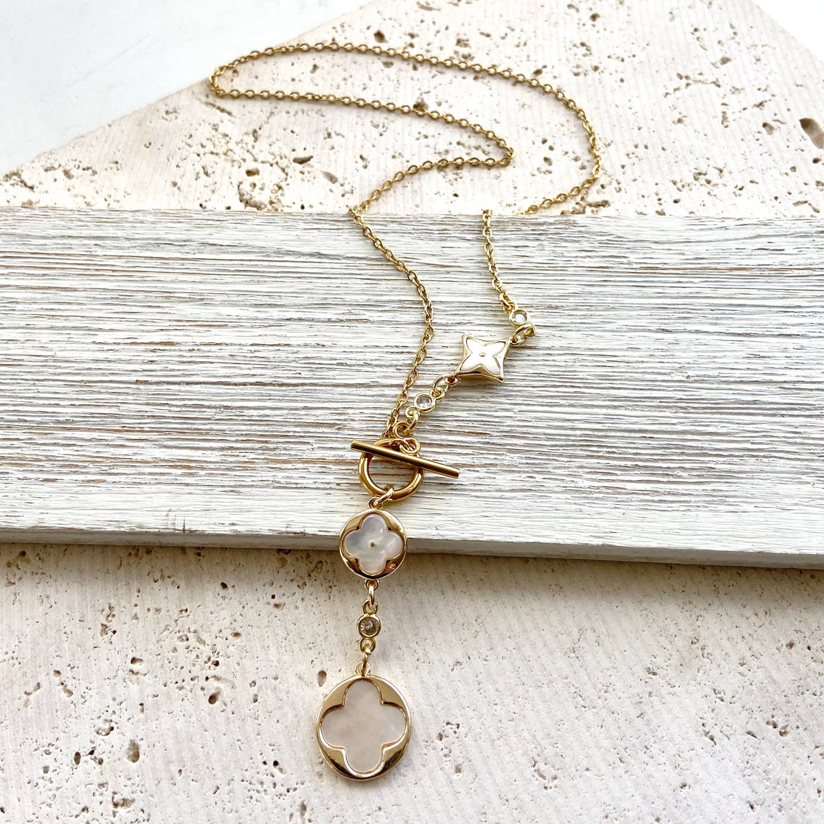 Clover quatrefoil shell pearl toggle lariat necklace, alternate view 3