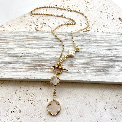 Clover quatrefoil shell pearl toggle lariat necklace, alternate view 3