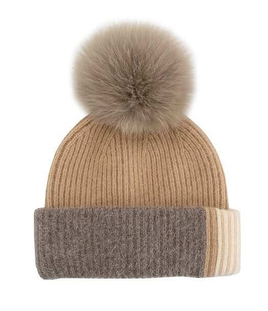 Colorblock 3 Tone Beanie With Fox Fur Pom Pom