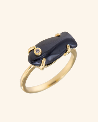 Black zircon fish ring in champagne gold plated sterling silver