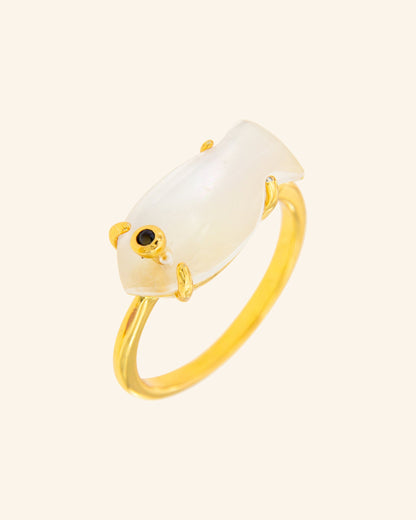 White mother of pearl fish ring in champagne gold plated sterling silver